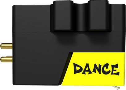 Cellule DJ Ortofon VNL DANCE, vue latérale, corps en plastique noir mat, embout jaune 'DANCE', deux broches dorées