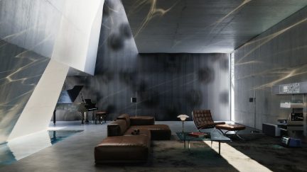 Současný obývací pokoj s hnědou modulární pohovkou, lounge křeslem a betonovými stěnami v minimalistickém loftu