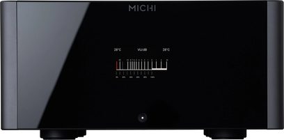 Amplificator de putere high-fidelity Michi M8 negru, vedere frontală, ecran central cu indicatoare de temperatură și VU/dB