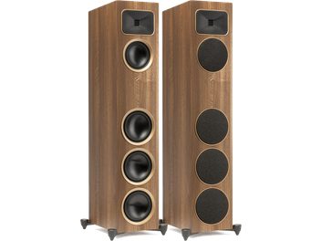 Enceintes colonnes MartinLogan Foundation F1 noyer, vue de face, 4 haut-parleurs ronds noirs, tweeter noir, caisson bois