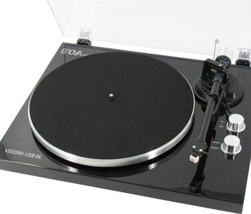 Hi-fi pladespiller Enova HIFI Vision 4 USB sort, set oppefra, mat sort pladebakke, tonarm, sølvfarvede knapper og drejeknapper