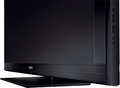 Sony KDL-40CX520 sort fladskærms-TV, set forfra, slukket, på sort baggrund