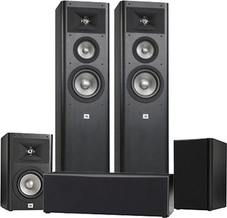 JBL Studio 280 sort højttalerpakke, 2 gulvhøjttalere og 1 centerhøjttaler, frontvisning, sort finish