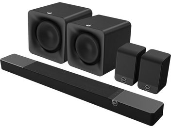 Barra de som Klipsch Flexus Core 300 com duas colunas Surr 100 e dois subwoofers Sub 100 pretos vista de frente
