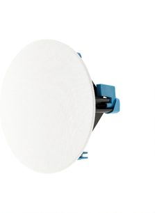 Altoparlante da incasso a soffitto H55-R v2, vista angolare, griglia circolare bianca perforata, fissaggi blu visibili sui lati