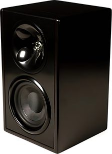 Klipsch Icon WB-14 sort bogreolhøjttaler, sort, set forfra i nærbillede med synlige bas- og diskantenheder