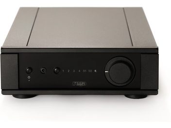 Integrert stereo hi-fi-forsterker Rega Brio MK7 med svart frontpanel, 2 sirkulære knapper, 1 jackkontakt, 6 indikatorer og 1 dreiehjul