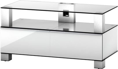 Sonorous MD9095 TV-møbel med skræddersyet transparent glas og metal, 2 hylder, set forfra i let nedadgående vinkel
