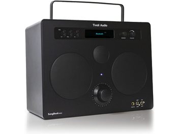 Cassa Bluetooth portatile Tivoli SongBook Max nera, custodia in plastica e griglie in metallo, vista frontale, maniglia, schermo, ghiera