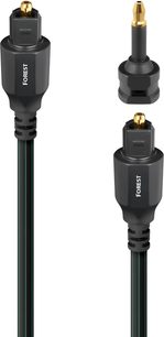Optisk kabel Audioquest Forest 5 m, svart plastmantel med tunna gröna ränder, framifrån vy på de svarta Toslink-kontakterna med förgyllda spetsar tillsammans med en mini-Toslink-adapter