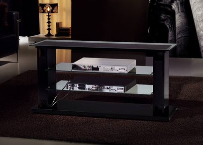 Sort TV-møbel med glas, 2 hylder, åben lav hylde, firkantede ben, moderne stil