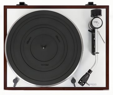 Gramofon Thorens TD 403 DD v lakovém ořechovém provedení, pohled shora, matný černý talíř, stříbrné přímé rameno, černé protizávaží