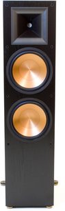 Sloupcový reproduktor Klipsch RF-7 MkII v černé barvě, pohled zepředu, dva zlaté kulaté reproduktory v matném černém obdélníkovém těle