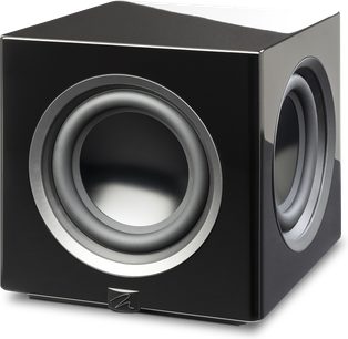 MartinLogan Abyss 10 subwoofer i sort lak, kubisk form, front og side med synlige højttalere