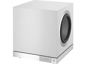 Субуфер Bowers & Wilkins DB2D в сатенено бяло, изглед отпред, кубична форма, черен кръгъл говорител в центъра