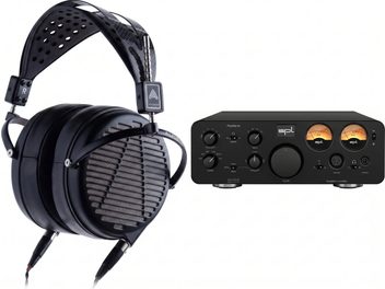 Sort Audeze LCD-5-hovedtelefoner med SPL Phonitor xe-hovedtelefonforstærker med orange VU-metre