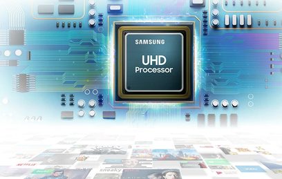 Processeur UHD Samsung sur circuit imprimé bleu avec composants électroniques argentés dans un graphisme numérique futuriste