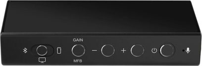 Bærbar sort DAC-lydkonverter, front med knapper til Bluetooth, gain, volumen + og -, tænd/sluk og mikrofon, set forfra