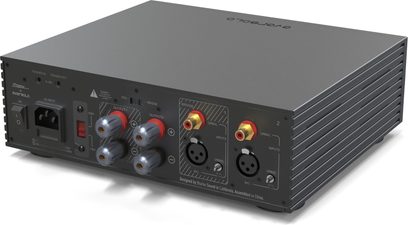 EverSolo AMP-F2 svart kraftförstärkare, framsida med anslutningar och kontroller, lätt nedåtvinklad frontvy
