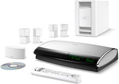 Sistema home theater Bose Lifestyle 48 nero, lettore DVD, 5 diffusori cubici bianchi, telecomando, vista esplosa