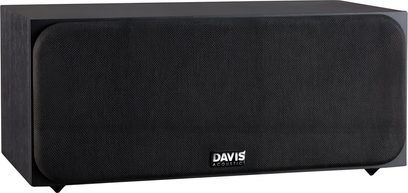 Centrální reproduktor Davis Acoustics Ariane C černý, dřevěná skříň, látková mřížka se zaoblenými rohy, pohled ze tří čtvrtin zepředu