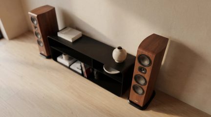 Pair of dark wood-finish hi-fi floorstanding speakers on either side of a black TV stand, viewed from above