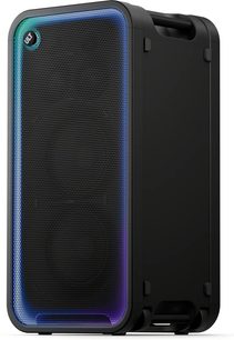 Bærbar svart Sony ULT TOWER MAX Bluetooth-høyttaler, sett forfra og fra siden, blåfiolett opplyst gitter og integrerte håndtak