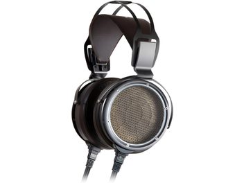 Cuffie hi-fi aperte STAX SR-X9000 viste di tre quarti, trasduttori circolari, archetto e padiglioni in pelle marrone