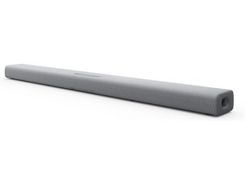 Soundbar Yamaha SR-X40A grigio chiaro, forma rettangolare allungata, rivestimento in tessuto, primo piano parziale