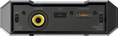 FiiO Q15 bærbar lydkonverter i grå aluminium, set forfra med sort bagpanel, der viser en gylden koaksialport, to USB-C-porte, to sorte skruer og to sideplacerede On/Off-kontakter