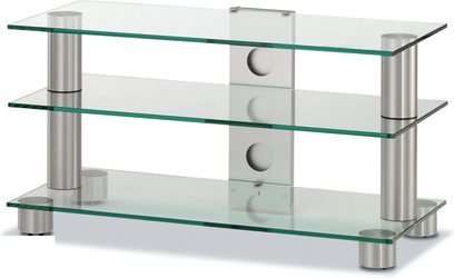 Gennemsigtig glashylde med 3 niveauer og 4 cylindriske, børstede metalben samt 3 runde huller på hver hylde