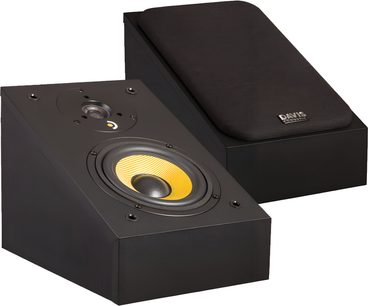 Dolby Atmos-højttalere fra Davis Acoustics Ariane A i sort, med stofgrill, gul woofer og synlige tweeter, set i trekvarts vinkel