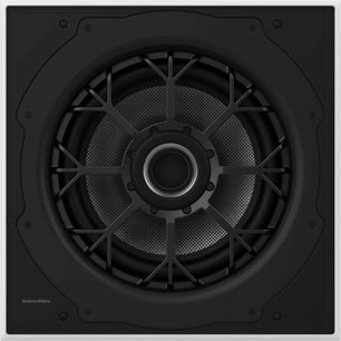 Vestavný subwoofer Bowers & Wilkins ISW-8, černý, plast a kov, kužel s tkanou texturou, pohled zepředu