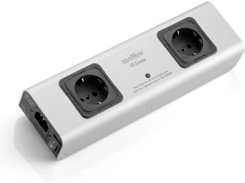 Multiprise V5 GEMINI, set i perspektiv, 2 sorte stikkontakter, rektangulært sølvfarvet kabinet, afbryder og strømstik til venstre