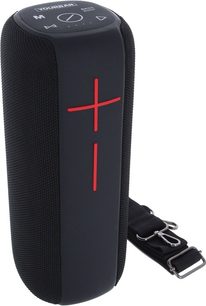 Bluetooth-højttaler Yourban GETONE 48 BLACK, cylindrisk form, sort overflade, røde krydsknapper, sort rem