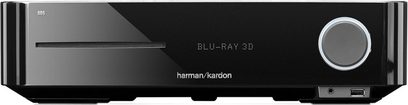 Černý domácí kino zesilovač Harman Kardon BDS-570, pohled zepředu, čelní panel v černé barvě se stříbrným otočným knoflíkem vpravo