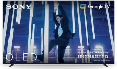 Televizor Sony BRAVIA 8 65XR80 v černé barvě s vysokým rozlišením, kovovým rámem s ultra tenkým okrajem, plochým OLED panelem a tenkými bočními nožičkami, zobrazený zepředu