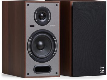 Két Elipson Horus 6 Active BT Phono hangfal, dió furnérral, szürke előlap, dóm magassugárzó, mélysugárzó és basszreflex nyílás, elölnézet