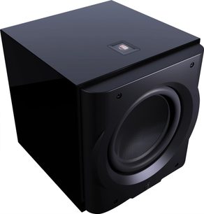 Perlisten D12s subwoofer i svart lakk, sett fra vinkel, front med sirkulær høyttaler og logo på toppen