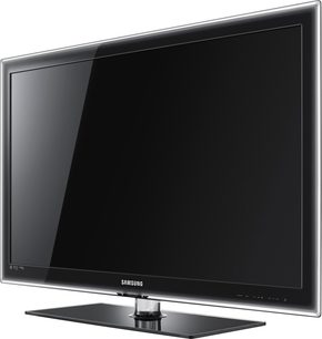 Samsung UE32C5100 fladskærms-tv set forfra, sort flad skærm, smal sølvfarvet ramme, centralt metalstativ