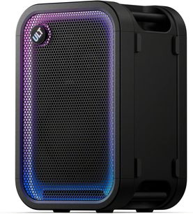 Bærbar svart Sony ULT TOWER 5 Bluetooth-høyttaler, frontgitter opplyst i lilla og blått, synlige sidehåndtak