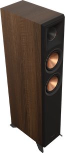 Sloupcový reproduktor Klipsch RP-5000F II, edice 2022, provedení ořech, pohled zepředu, 3 viditelné reproduktory