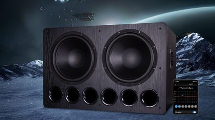 Black SW-D8000PRO subwoofer enclosure with dual front subwoofers, five bass-reflex ports, and EQ control via smartphone