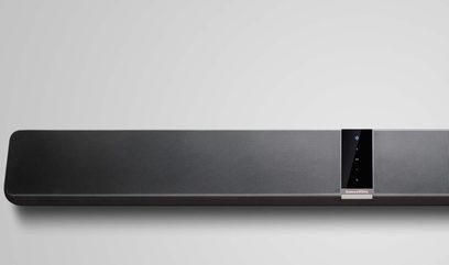 Black rectangular Bowers & Wilkins Panorama 3 soundbar, with metallic grille on the front face, front view