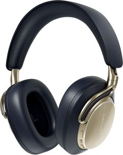 Bowers & Wilkins Px8 S2 hi-fi-hovedtelefoner i natblå, hovedbøjle og ørepuder i mørkeblå, champagnefarvede ørekopper set i trekvart vinkel