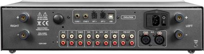 Wzmacniacz hi-fi zintegrowany stereo Atoll Electronique IN300 Evolution srebrny, widok tylny, złącza RCA, XLR, koncentryczne, optyczne, USB, terminale głośnikowe, wyłącznik sieciowy, gniazdo TRIG 12V