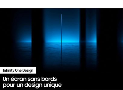 Tmavě modrý bezrámový displej s vertikálním přechodem rozdělený do čtyř svislých pruhů, bílý text "Infinity One Design" dole