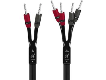 Μαύρο καλώδιο ηχείου AudioQuest Rocket 22 SBW με ασημί βύσματα μπανάνας και κόκκινες και γκρι ενδείξεις