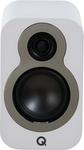 Q Acoustics 3010c white bookshelf speaker in MDF cabinet, front view, anthracite grey figure-eight shaped baffle with exposed black tweeter and woofer, Q logo at the bottom