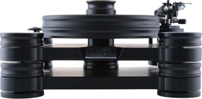 Transrotor Dark Star Reference RB330 matzwarte hi-fi vinylplatenspeler van polymeer, vooraanzicht, met dikke ronde draaitafel, rechte toonarm en vier gestapelde cilindrische dempende poten